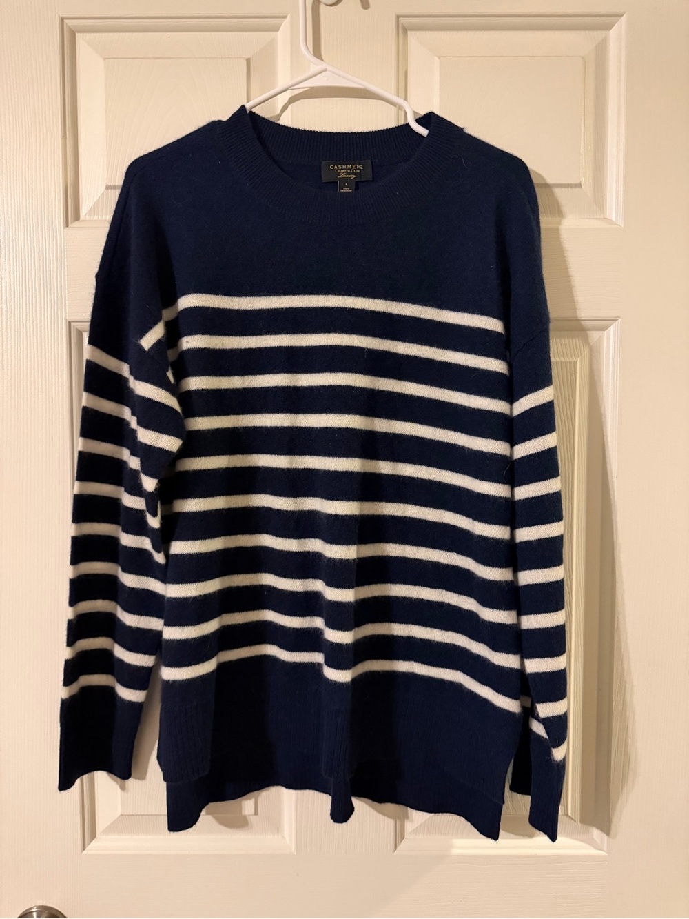 Charter Club 100% Cashmere Navy & White Striped Crewneck Sweater